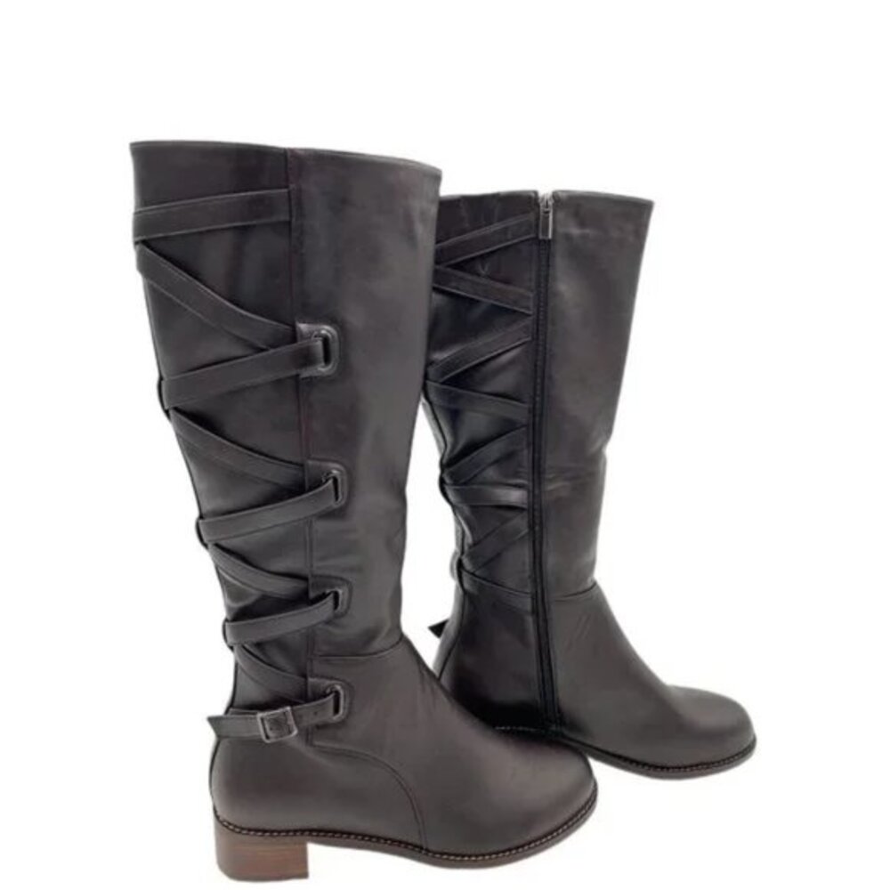 FSJ Taupe Brown Round Toe Chunky Low Heel Zipper Western Riding Knee High Boots